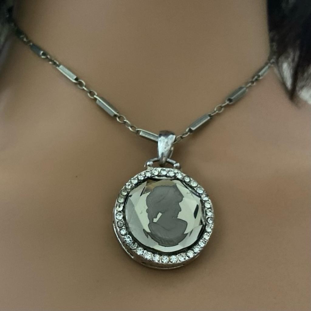 Antique Silver- Glass Cameo of a Lady Pendant 16-inch Necklace