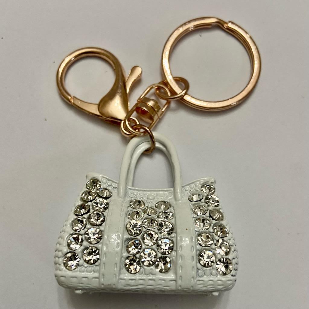 Stunning, 2-Way, White Enamel-Clear Rhinestone Handbag Charm-Key Chain