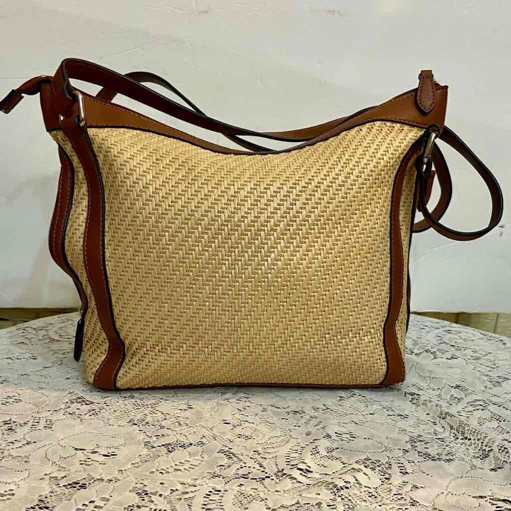 Chaps Beige Shoulder Bag with Brown Leather Strap
