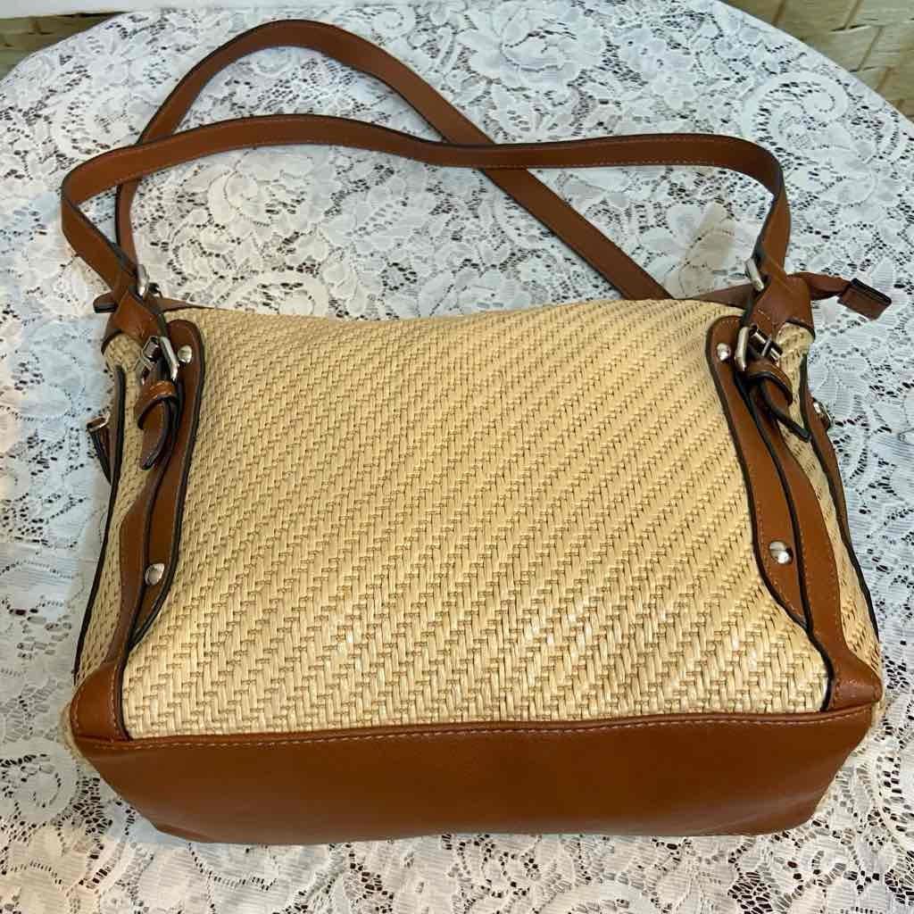 Chaps Beige Shoulder Bag with Brown Leather Strap