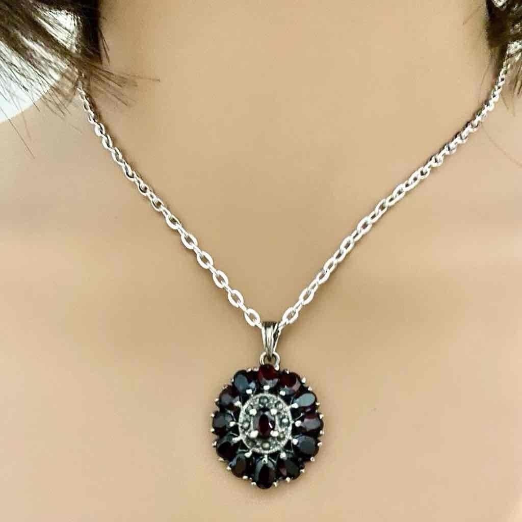 Antique, Cluster of Garnet- Princess Sterling Pendant Necklace