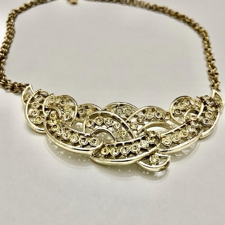 Vintage Kramer 16-inch Gold Tone Clear Crystals Necklace and Bracelet Set