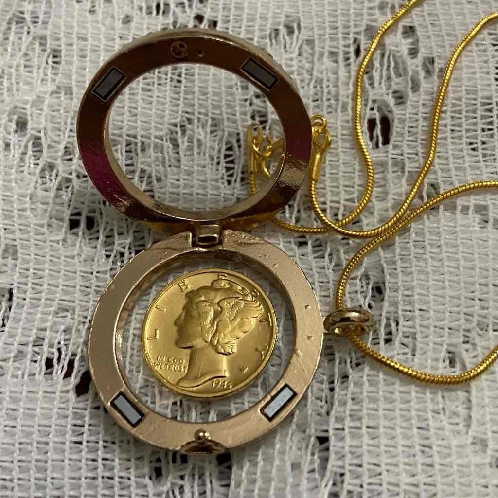 Authentic 1944 Silver (Vermeil) Mercury Dime, with Locket and 18-inch Gold Chain