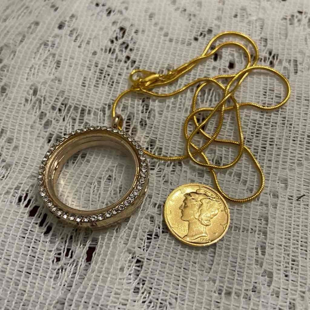 Authentic 1944 Silver (Vermeil) Mercury Dime, with Locket and 18-inch Gold Chain
