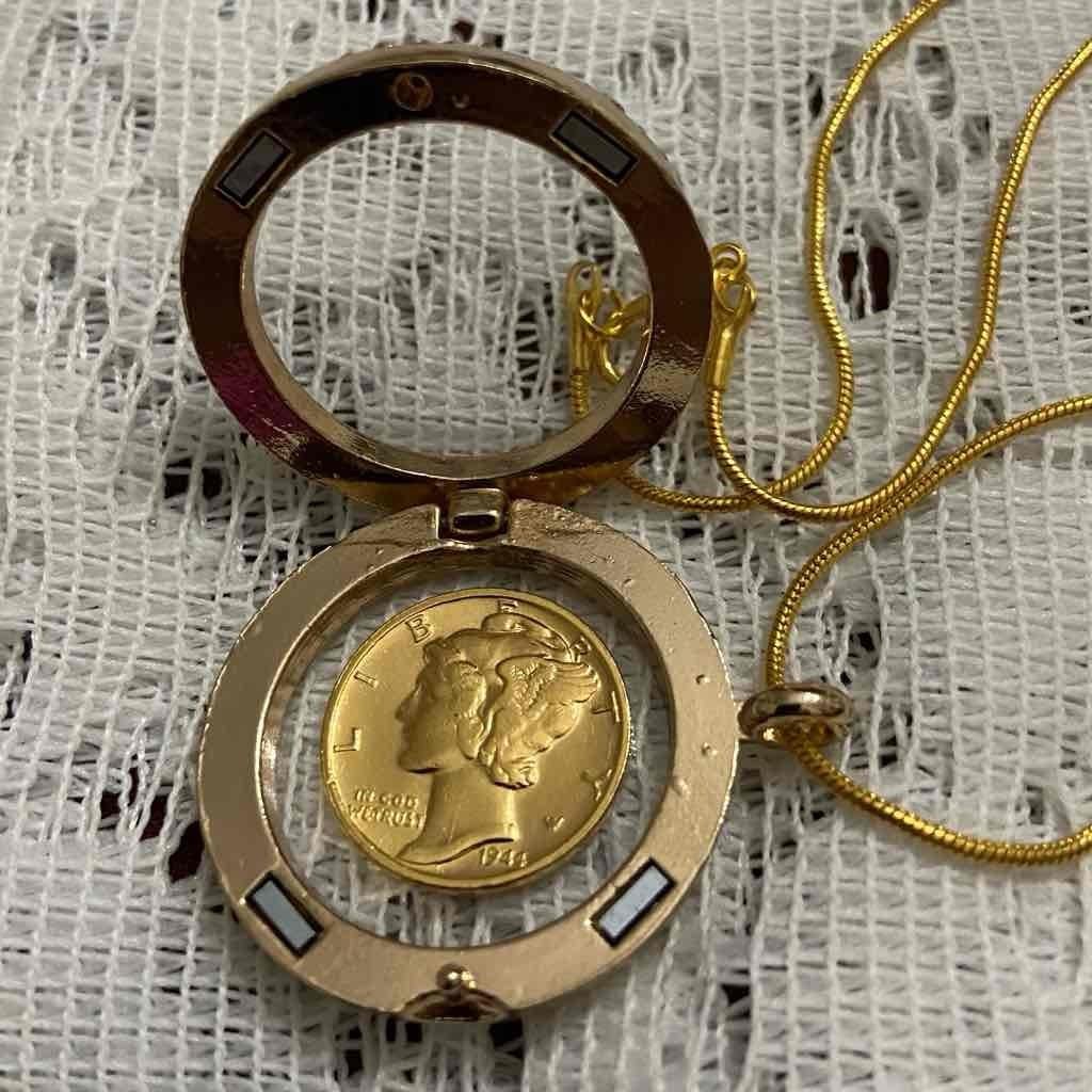 Authentic 1944 Silver (Vermeil) Mercury Dime, with Locket and 18-inch Gold Chain