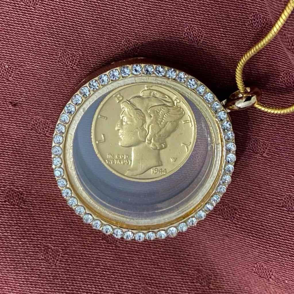 Authentic 1944 Silver (Vermeil) Mercury Dime, with Locket and 18-inch Gold Chain