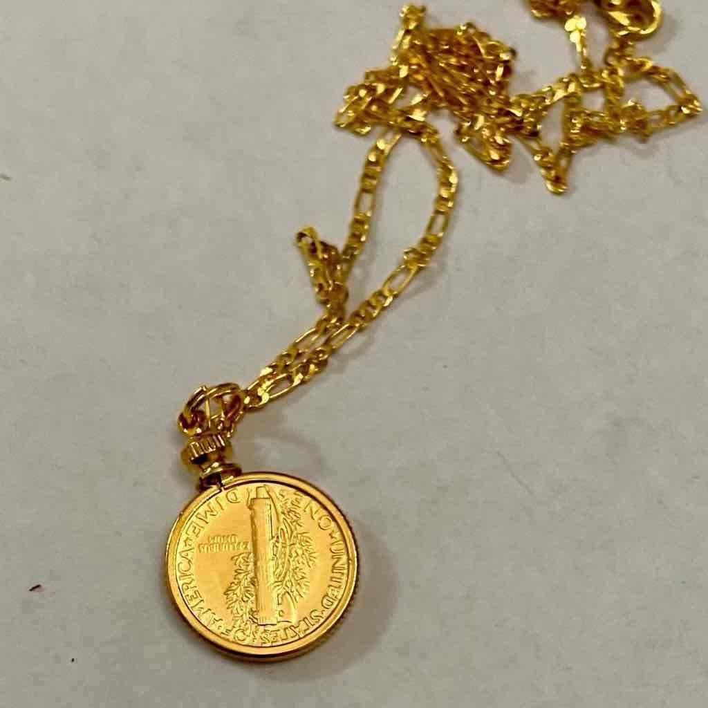 Authentic 1944 Silver (Vermeil) Mercury Dime, with Locket and 18-inch Gold Chain