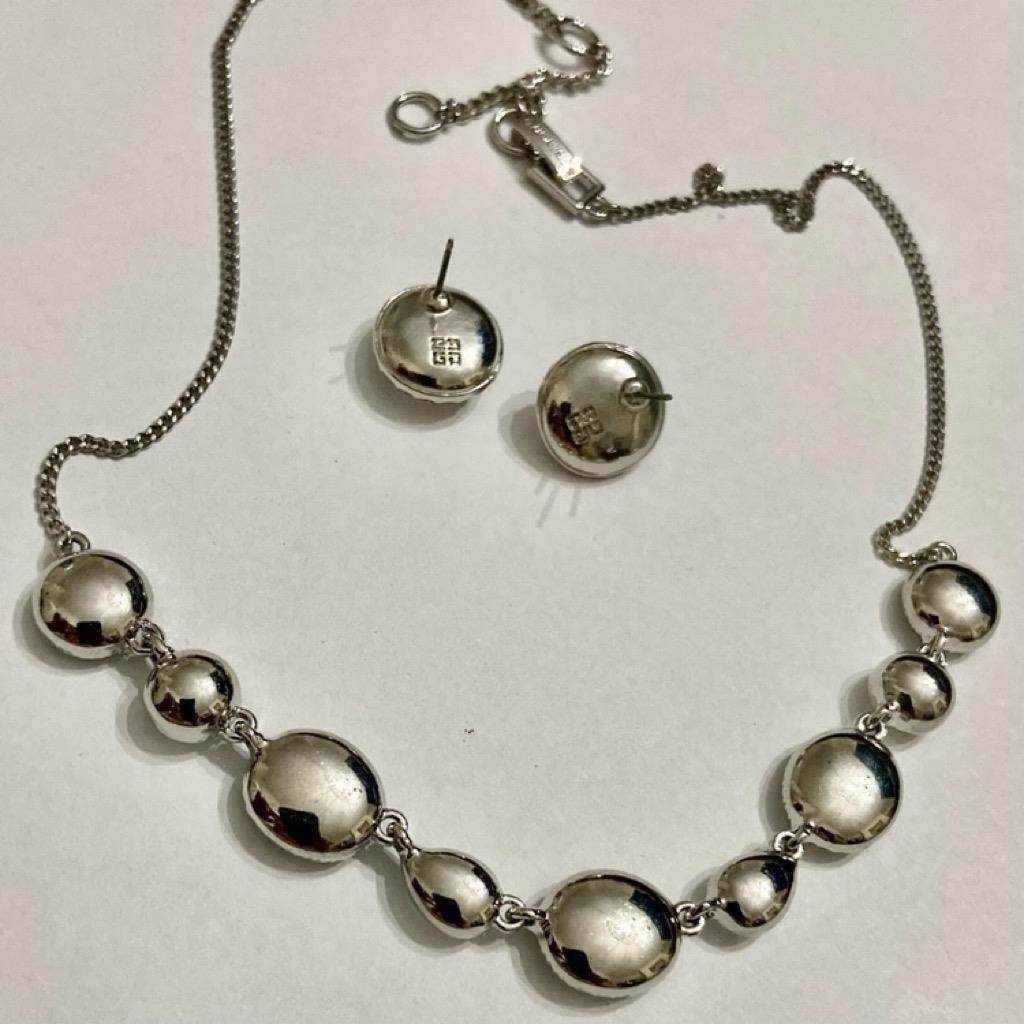 Vintage, Givenchy Silver Tone and Chunky Round Crystal Necklace and Earrings