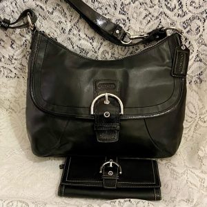 Coach -Soho Legacy Flap -Black Leather Shoulder Crossbody Bag with Wallet Set