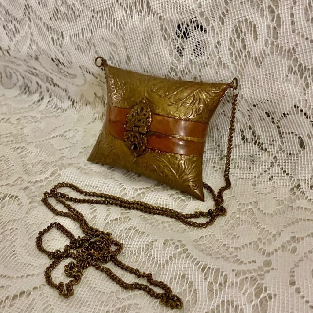 Antique-Art Deco Brass-Copper Small Pillow Purse- Crossbody 4in x 3in x 1.5in