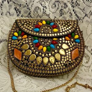 Vintage, Gold Metal Purse- Multi-Colored Stones Crossbody 7.5in x 5.5in x 2in
