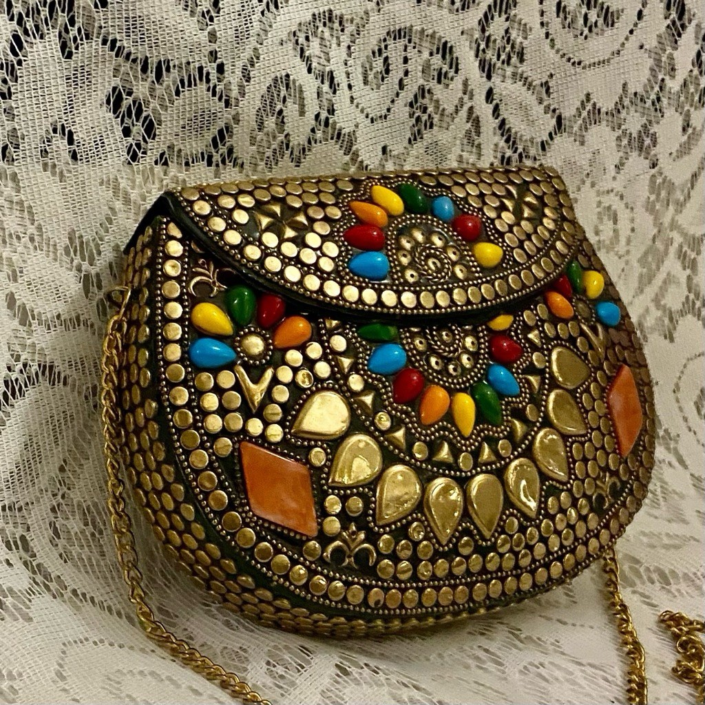 Vintage, Gold Metal Purse- Multi-Colored Stones Crossbody 7.5in x 5.5in x 2in
