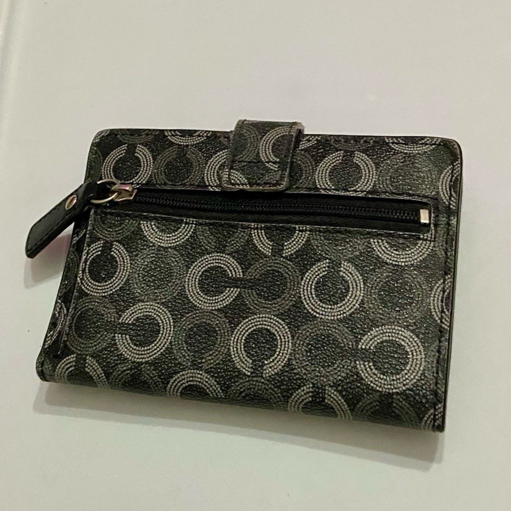 Coach Op Art Black-Gray Signature Leather Compact Wallet 5in x 4in