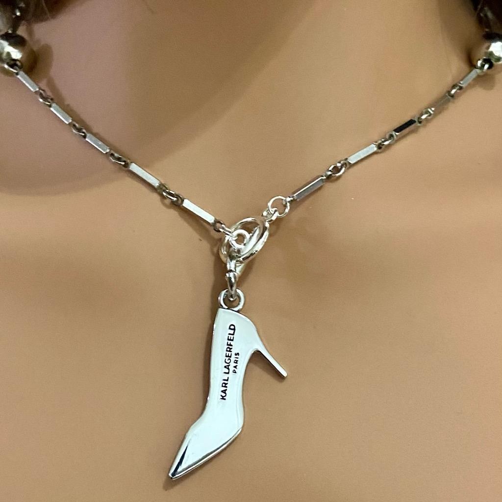 Karl Lagerfeld Silver Tone 16-inch Necklace with Black High Heel Pendant