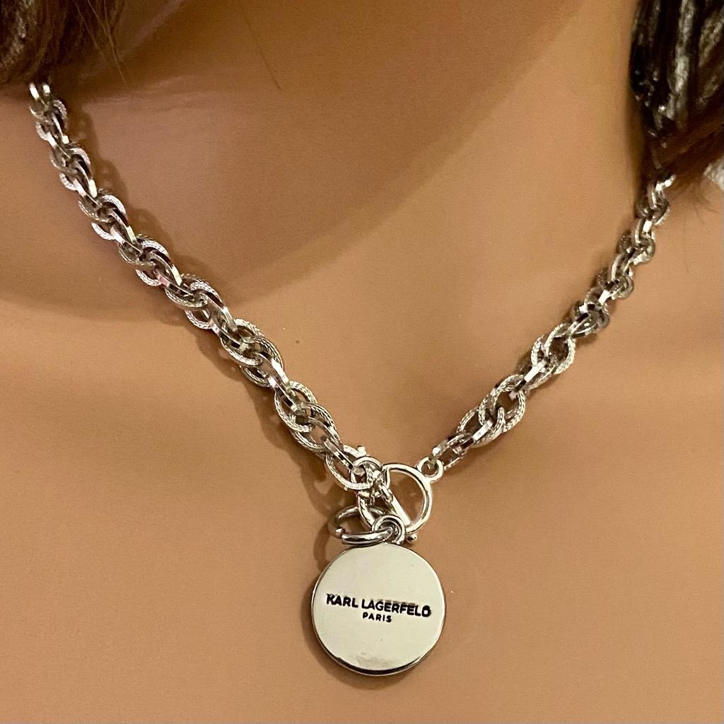 Karl Lagerfeld Silver Tone 18-inch Necklace with Black Round Karl-7 Rhinestones