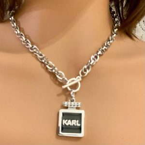 Karl Lagerfeld Silver Tone 18-inch Necklace with Black Perfume Bottle Pendant