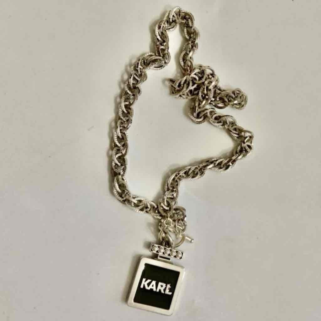 Karl Lagerfeld Silver Tone 18-inch Necklace with Black Perfume Bottle Pendant
