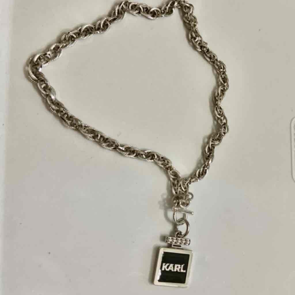 Karl Lagerfeld Silver Tone 18-inch Necklace with Black Perfume Bottle Pendant