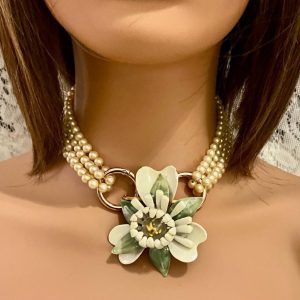 Vintage Hattie Carnegie Enamel Floral Brooch-Pendant and Pearl Necklace