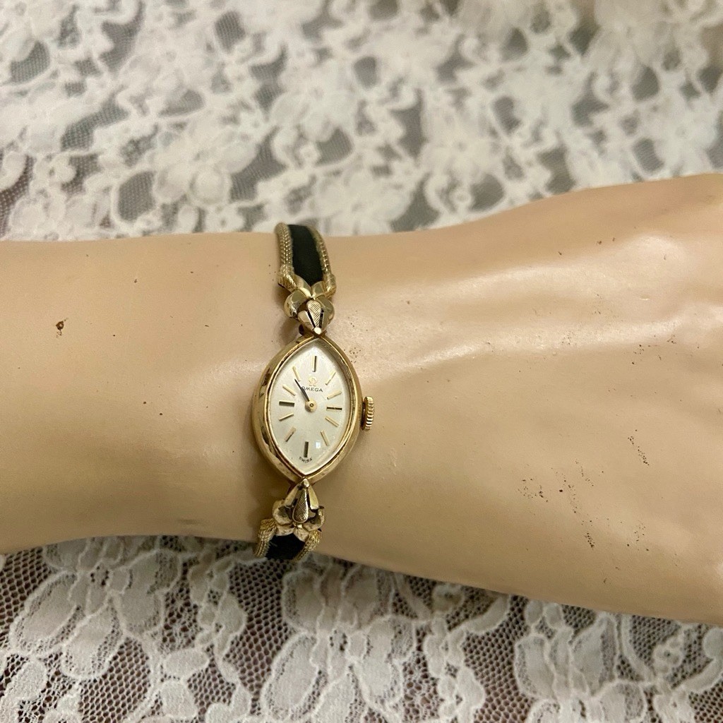 Omega 10KGF Yellow Gold-Black Band Mechanical Ladies Watch