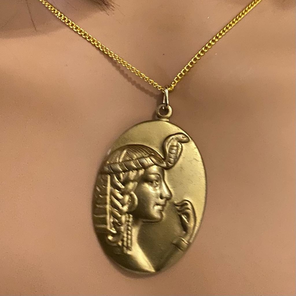 Vintage Egyptian Cleopatra Gold Filled Cameo with 16-in Gold Tone Chain Necklace