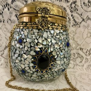 Vintage, Rounded Brass Metal Purse- Crossbody with Abalone Tiles 8in x 7in x 4in