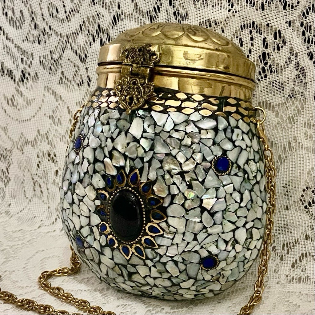 Vintage, Rounded Brass Metal Purse- Crossbody with Abalone Tiles 8in x 7in x 4in