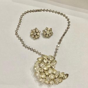 Vintage Kramer Silver Tone Clear Crystals Brooch Pendant Necklace and Earrings