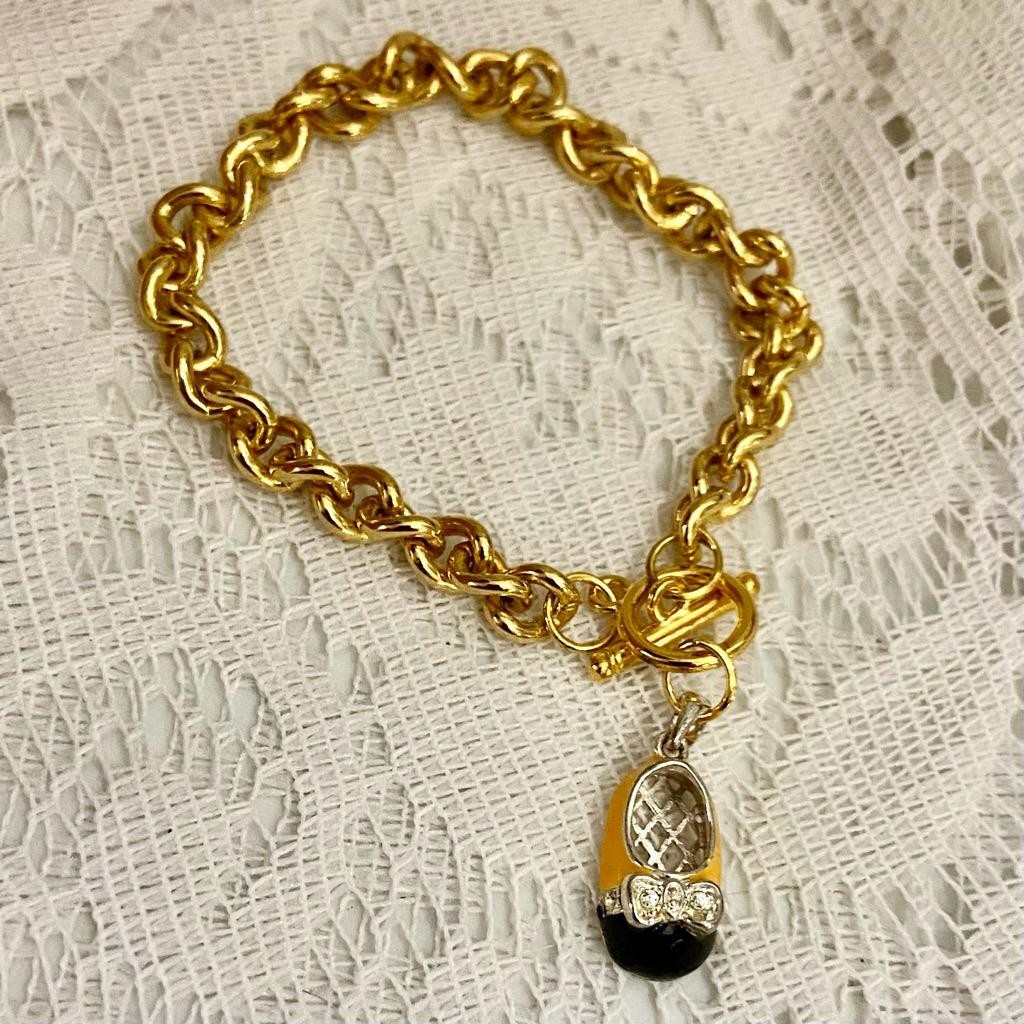 Vintage, Yellow-Black Enameled Shoe Gold Filled Bracelet