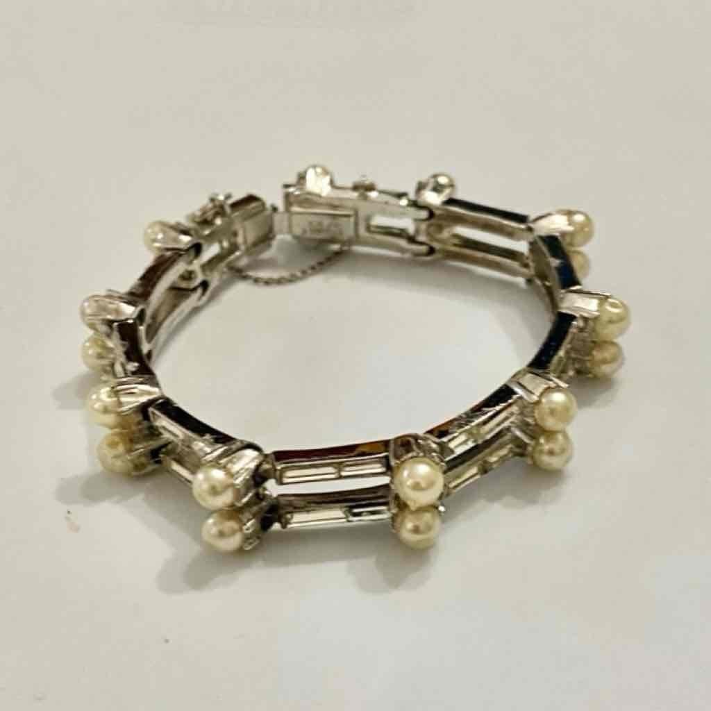 Vintage, Kramer, Rare Pearls, Baguette Crystals Silver Tone Bracelet