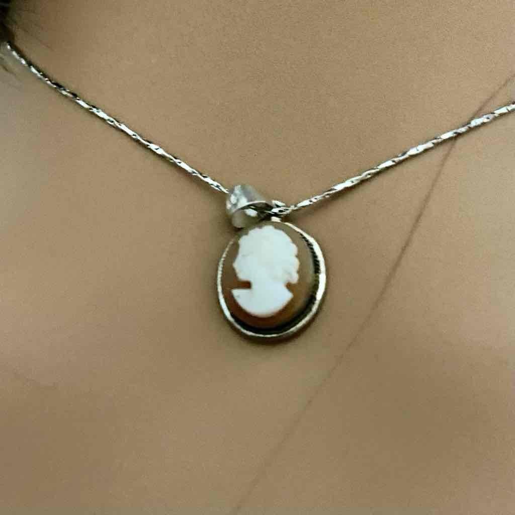 Antique Genuine Shell Cameo- Sterling Pendant w/ 16-inch 925 Chain Necklace