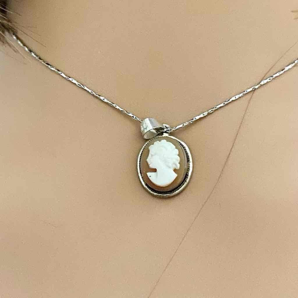 Antique Genuine Shell Cameo- Sterling Pendant w/ 16-inch 925 Chain Necklace