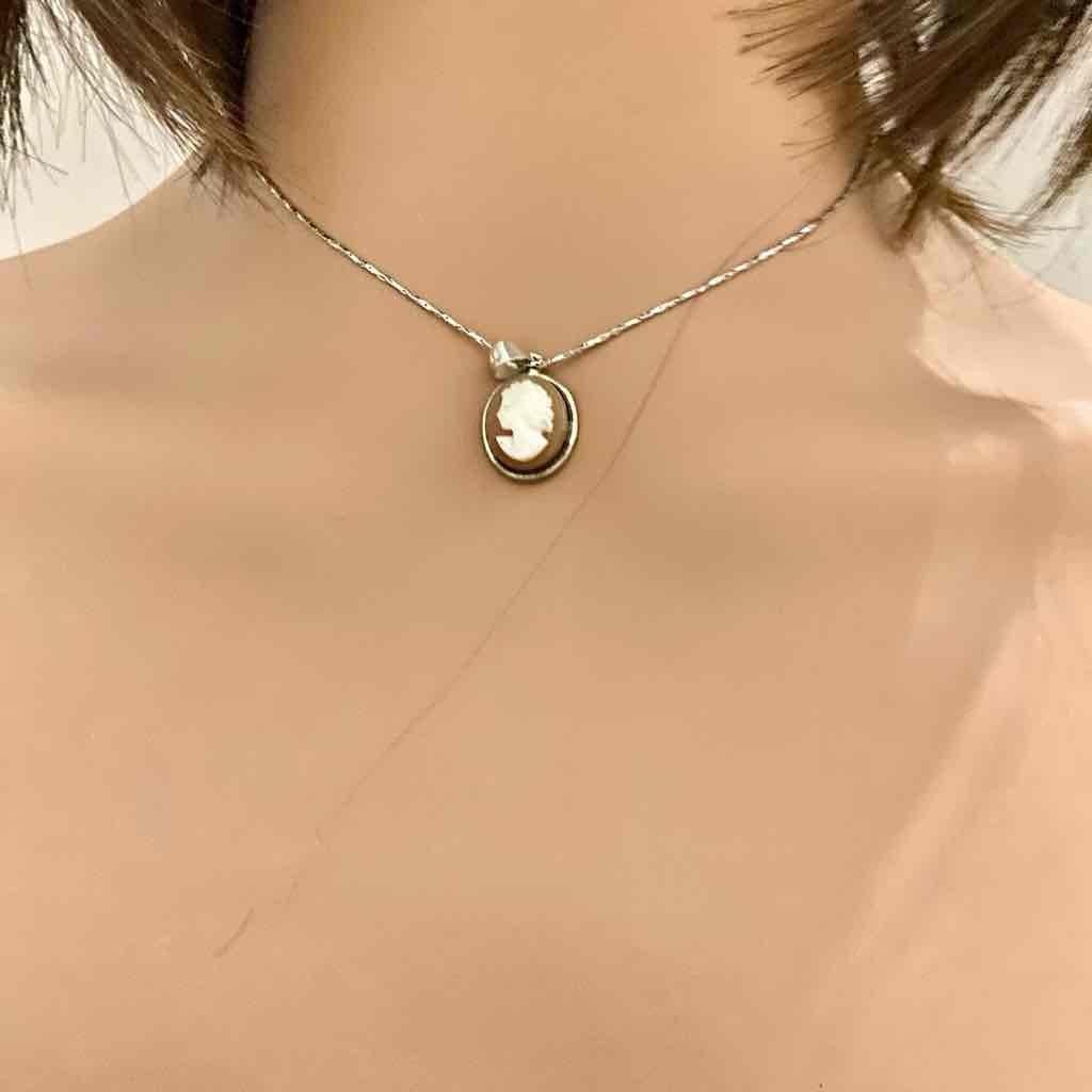 Antique Genuine Shell Cameo- Sterling Pendant w/ 16-inch 925 Chain Necklace