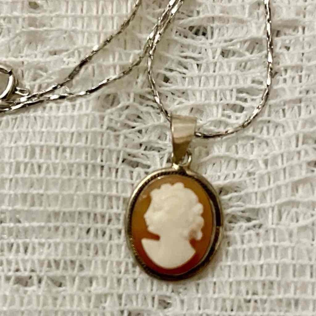 Antique Genuine Shell Cameo- Sterling Pendant w/ 16-inch 925 Chain Necklace