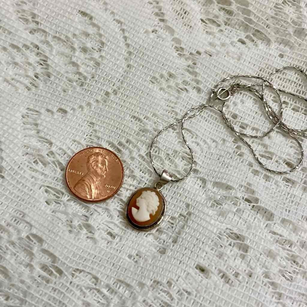 Antique Genuine Shell Cameo- Sterling Pendant w/ 16-inch 925 Chain Necklace
