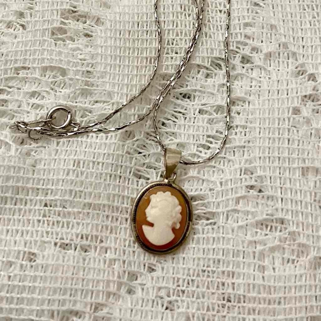Antique Genuine Shell Cameo- Sterling Pendant w/ 16-inch 925 Chain Necklace