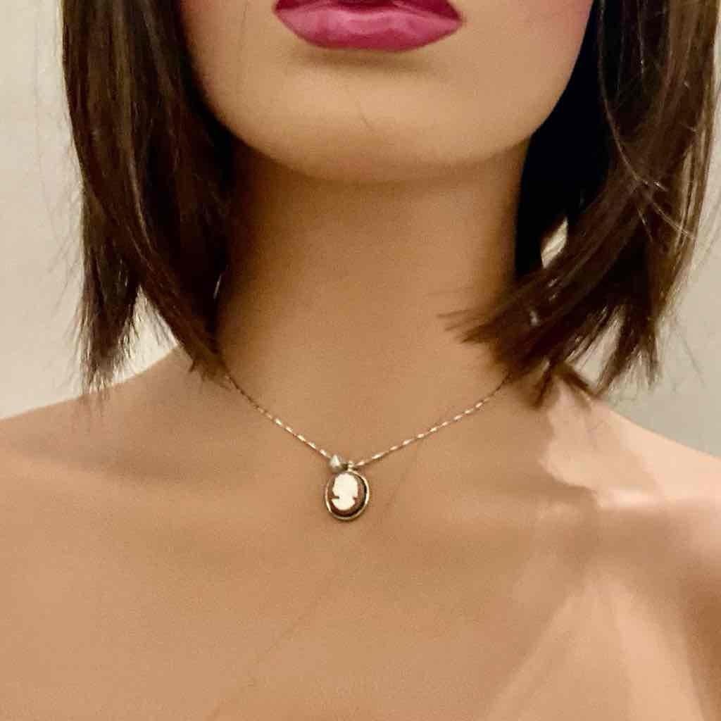 Antique Genuine Shell Cameo- Sterling Pendant w/ 16-inch 925 Chain Necklace