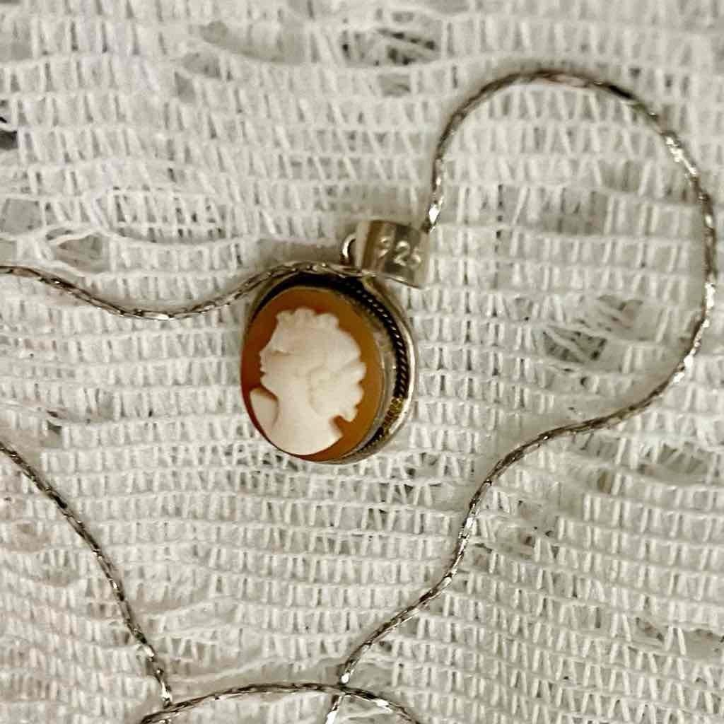 Antique Genuine Shell Cameo- Sterling Pendant w/ 16-inch 925 Chain Necklace