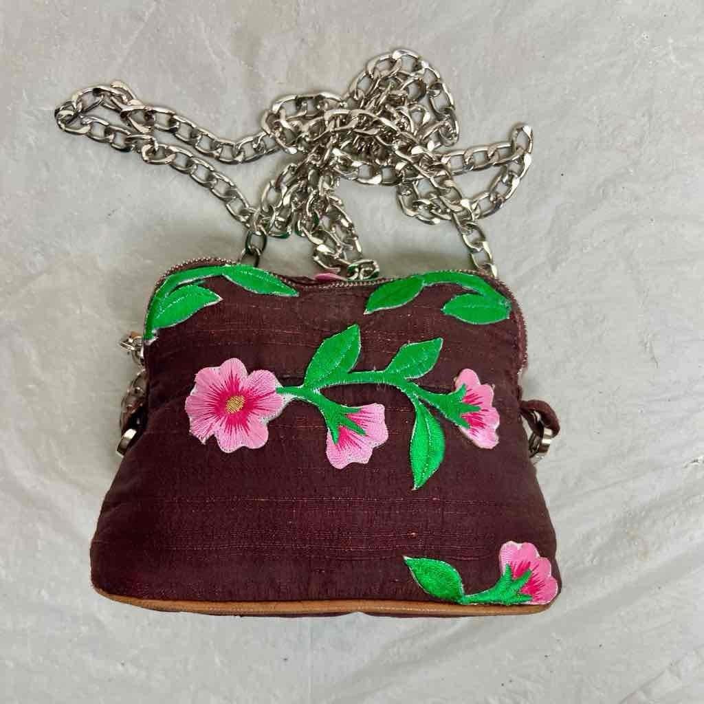 Hermes, Small, Burgundy Silk , Pink Floral Crossbody 6in x 4.5in x 2.5in