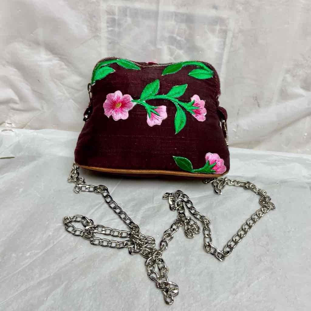 Hermes, Small, Burgundy Silk , Pink Floral Crossbody 6in x 4.5in x 2.5in