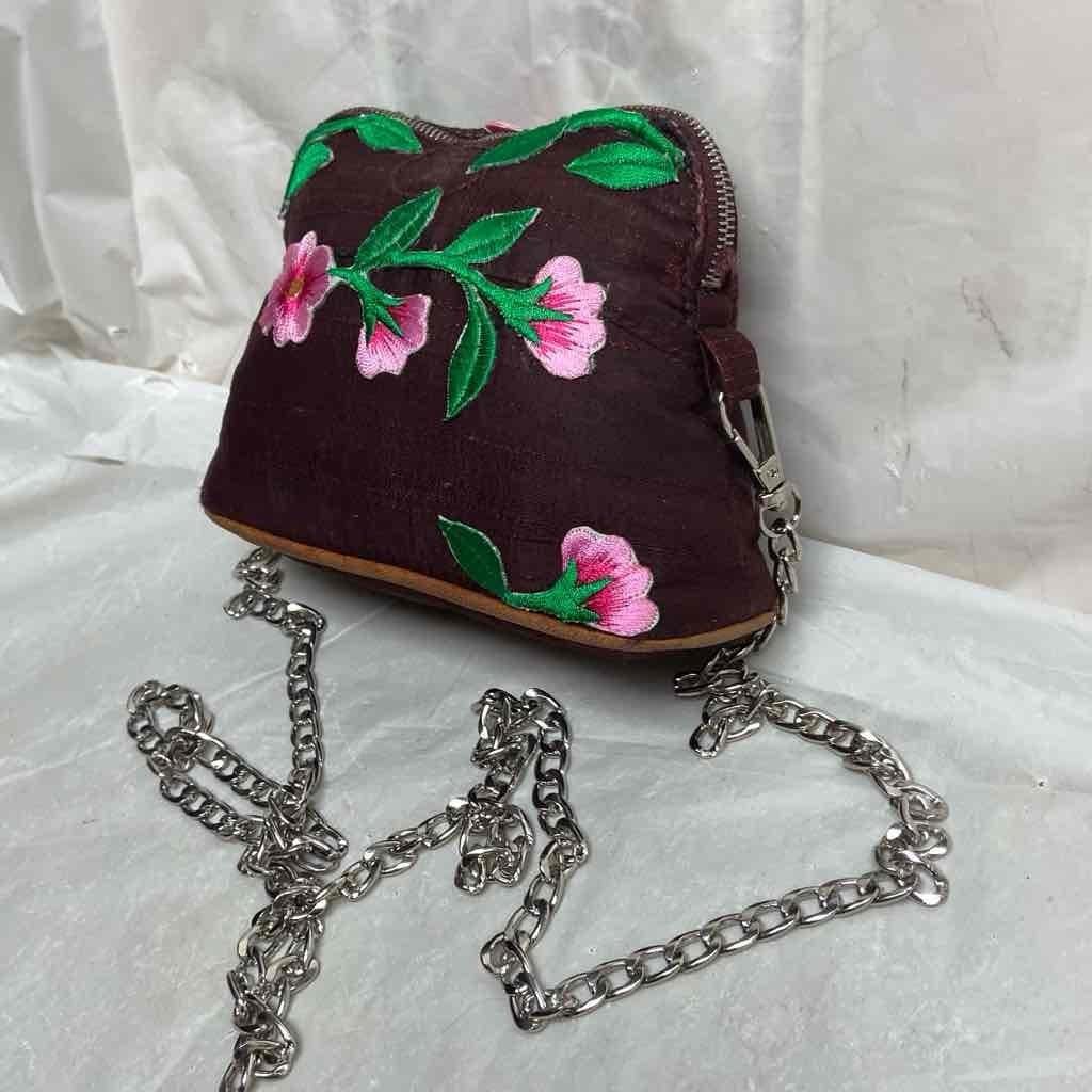 Hermes, Small, Burgundy Silk , Pink Floral Crossbody 6in x 4.5in x 2.5in