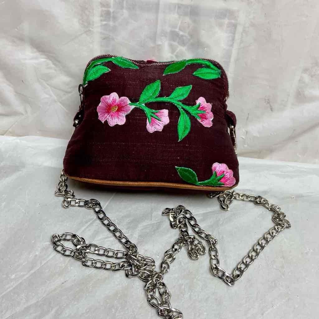 Hermes, Small, Burgundy Silk , Pink Floral Crossbody 6in x 4.5in x 2.5in