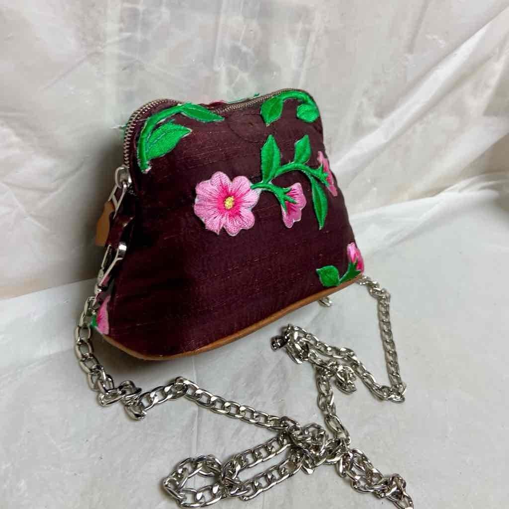 Hermes, Small, Burgundy Silk , Pink Floral Crossbody 6in x 4.5in x 2.5in