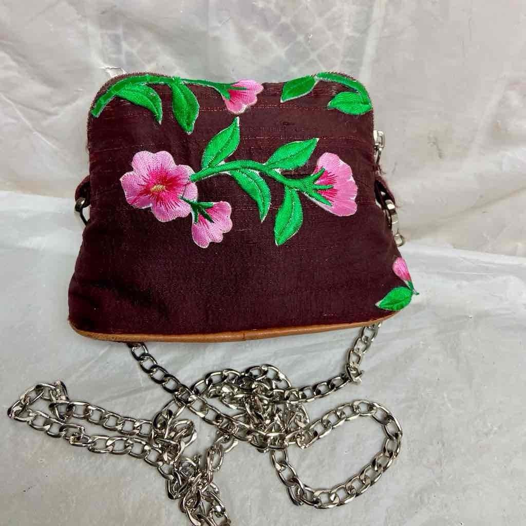 Hermes, Small, Burgundy Silk , Pink Floral Crossbody 6in x 4.5in x 2.5in
