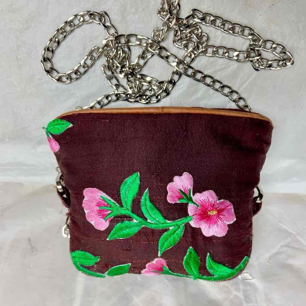 Hermes, Small, Burgundy Silk , Pink Floral Crossbody 6in x 4.5in x 2.5in