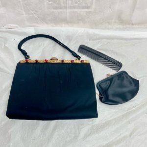 Vintage, Satin Evening Bag with Gemstone Clasp, Coin Purse and Comb