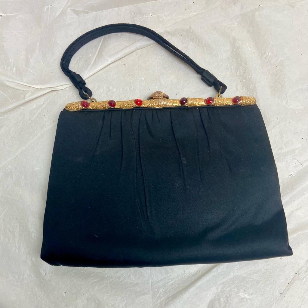 Vintage, Satin Evening Bag with Gemstone Clasp, Coin Purse and Comb