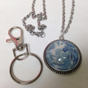 2 in 1 Combo,1.25in Round Blue Willow Necklace and 3.5in L Silver Tone Key Chain