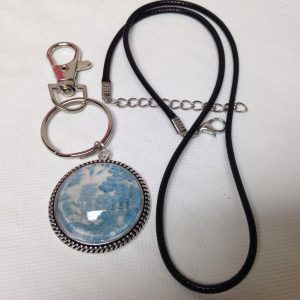 2 in 1 Combo-1.25in Round Blue Willow Cord Necklace and 3.5in L Silver Key Chain