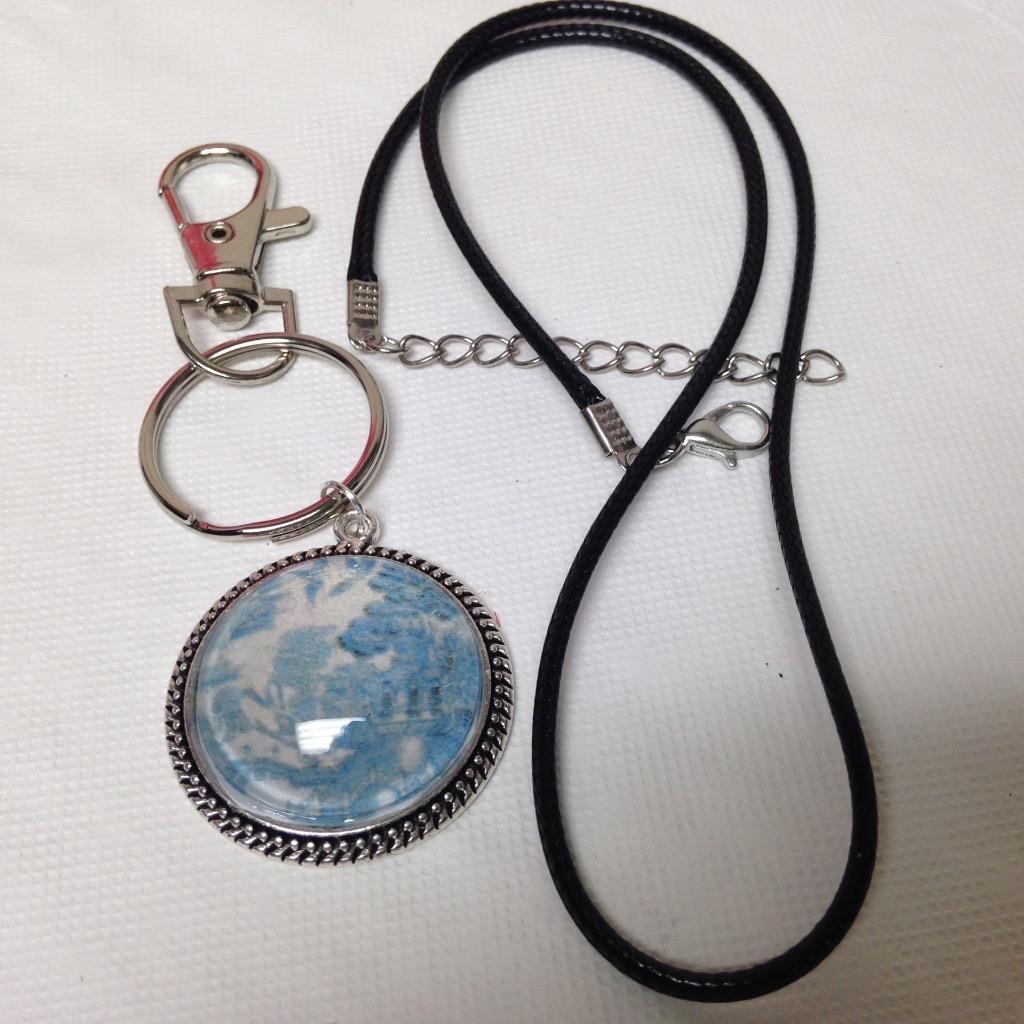 2 in 1 Combo-1.25in Round Blue Willow Cord Necklace and 3.5in L Silver Key Chain
